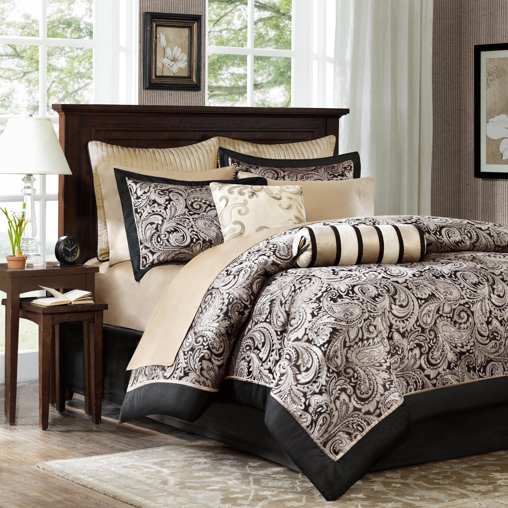 Home Essence Whitman Woven Jacquard 12-Piece Comforter Set， Poly Filled， Black， Full