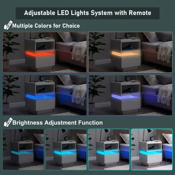 LED Nightstand with Charging Station for Bedroom Modern Side Table with Open Display Shelf and Storage Sliding Drawer