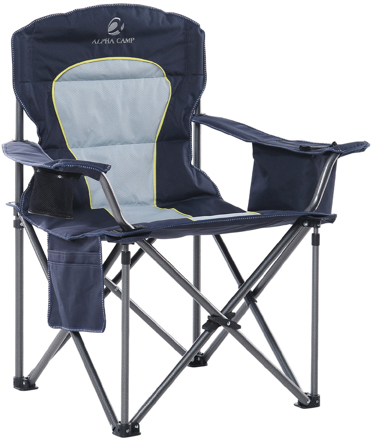 Alpha Camp Oversized Camping Chair Portable Padded Quad Chair Heavy Duty Lawn Chair Steel Frame Arm Chair with Cooler 450LBS Weight Capacity Suitable for Outdoor Camping, Blue