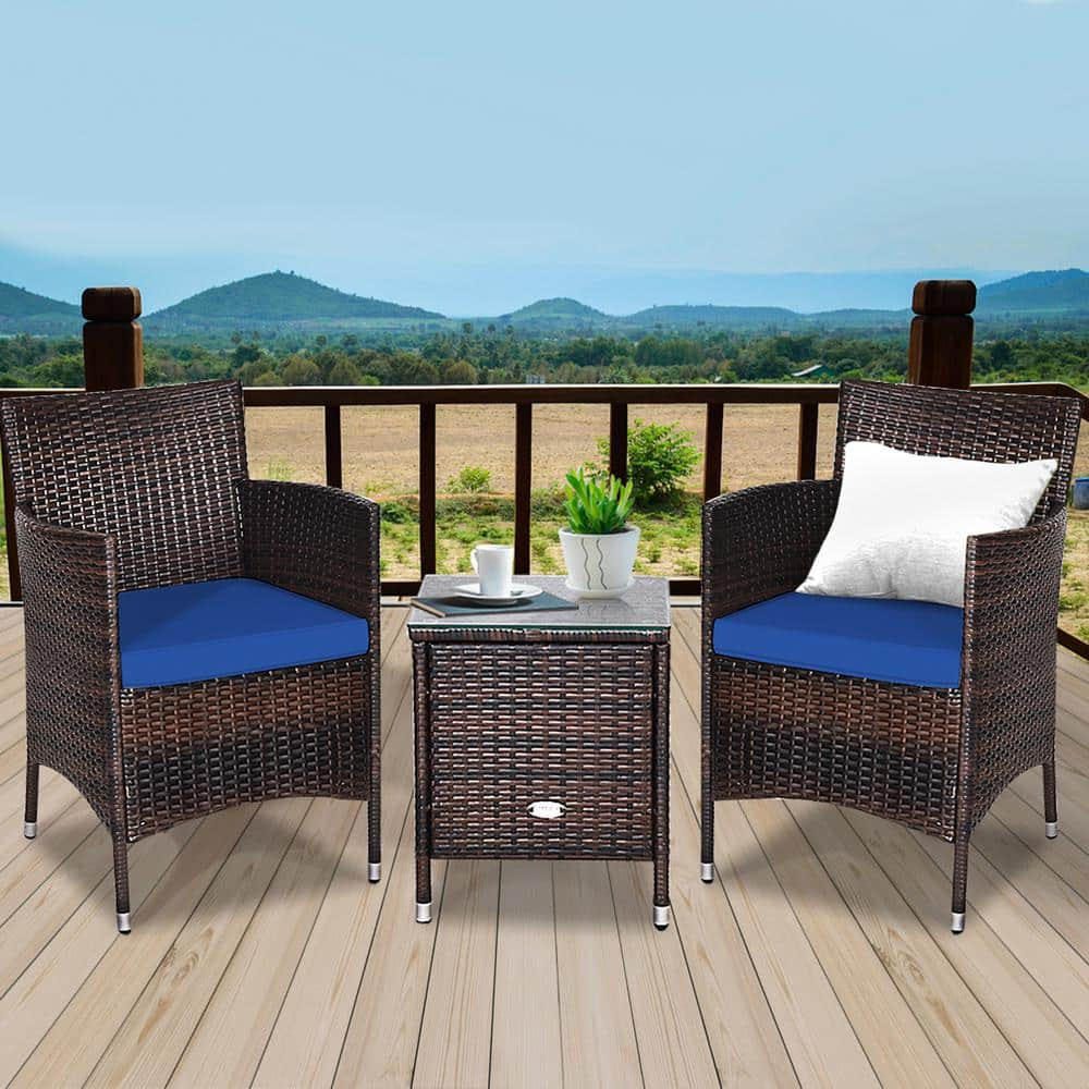 Gymax 3-Piece Rattan Patio Chair and Table Furniture Set Outdoor with Navy Cushion GYM07042