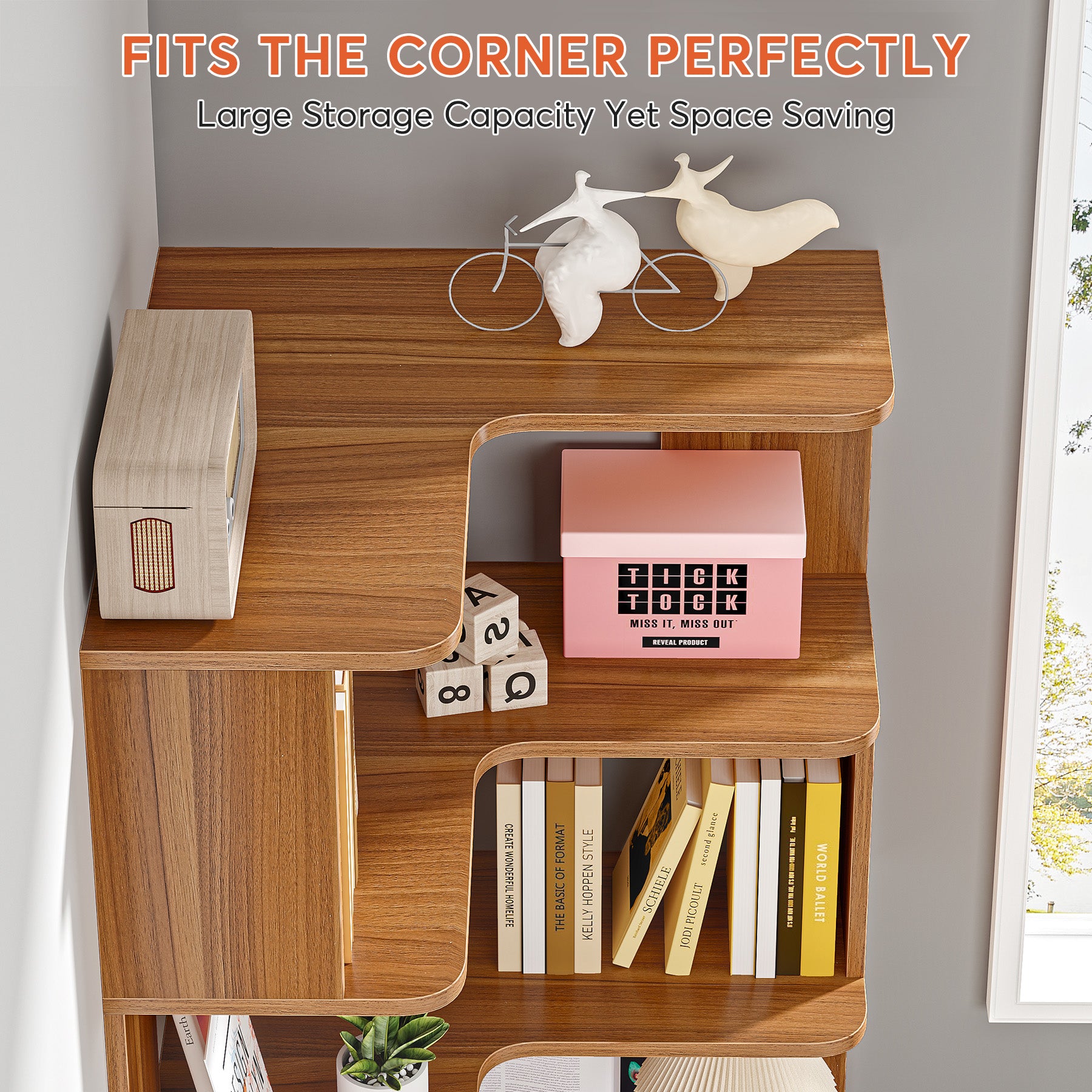 6-Tier Corner Bookshelf, 64.96 Corner Bookcase with Anti-Drop Panel