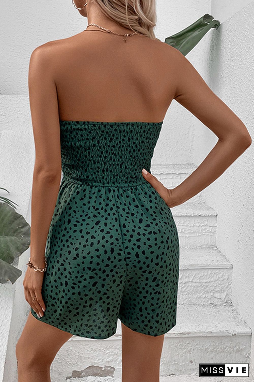 Dark Green Leopard Print Smocked Strapless Romper