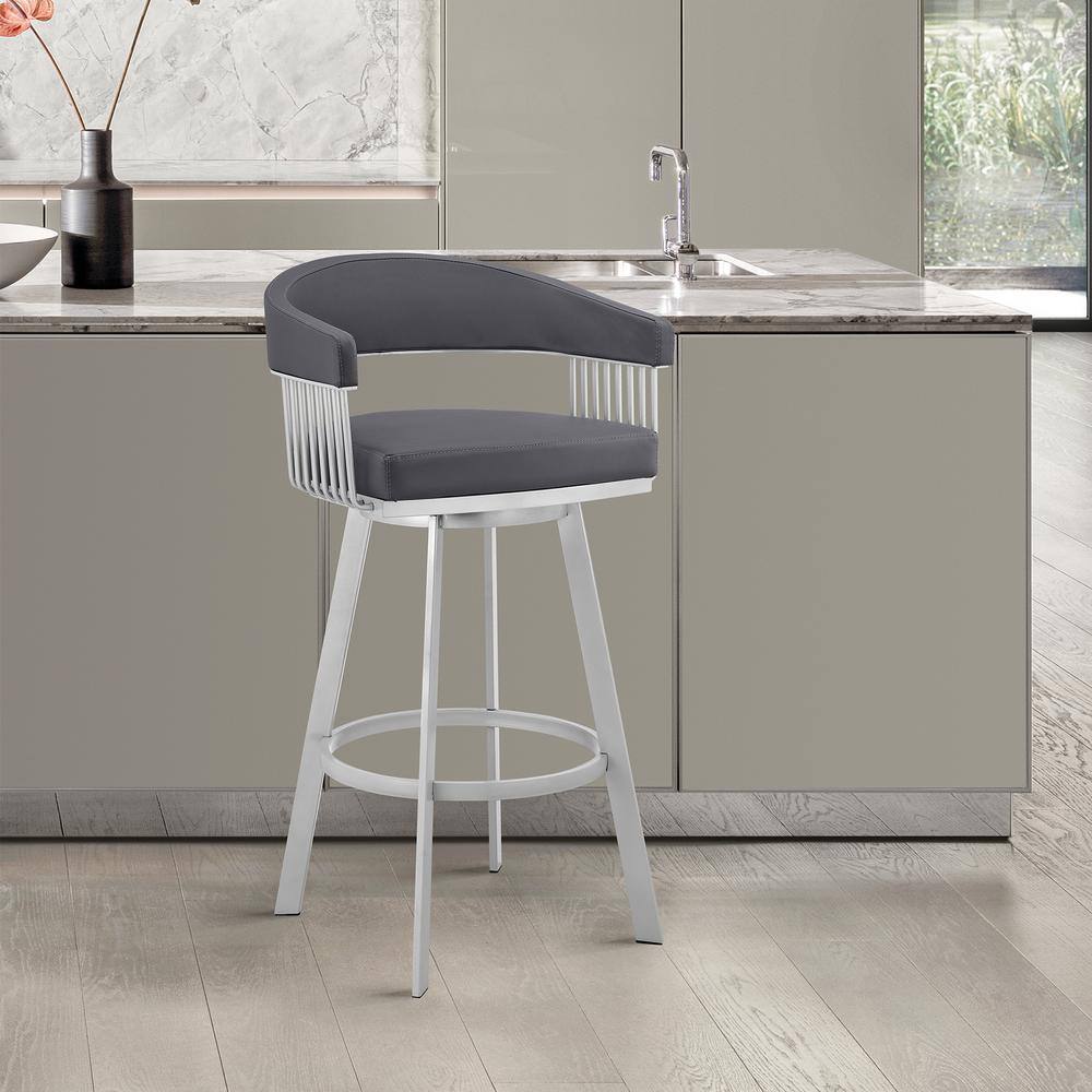 Armen Living Chelsea 34 in. Slate Grey Metal Bar Stool with Faux Leather Seat LCCSBASLGR26