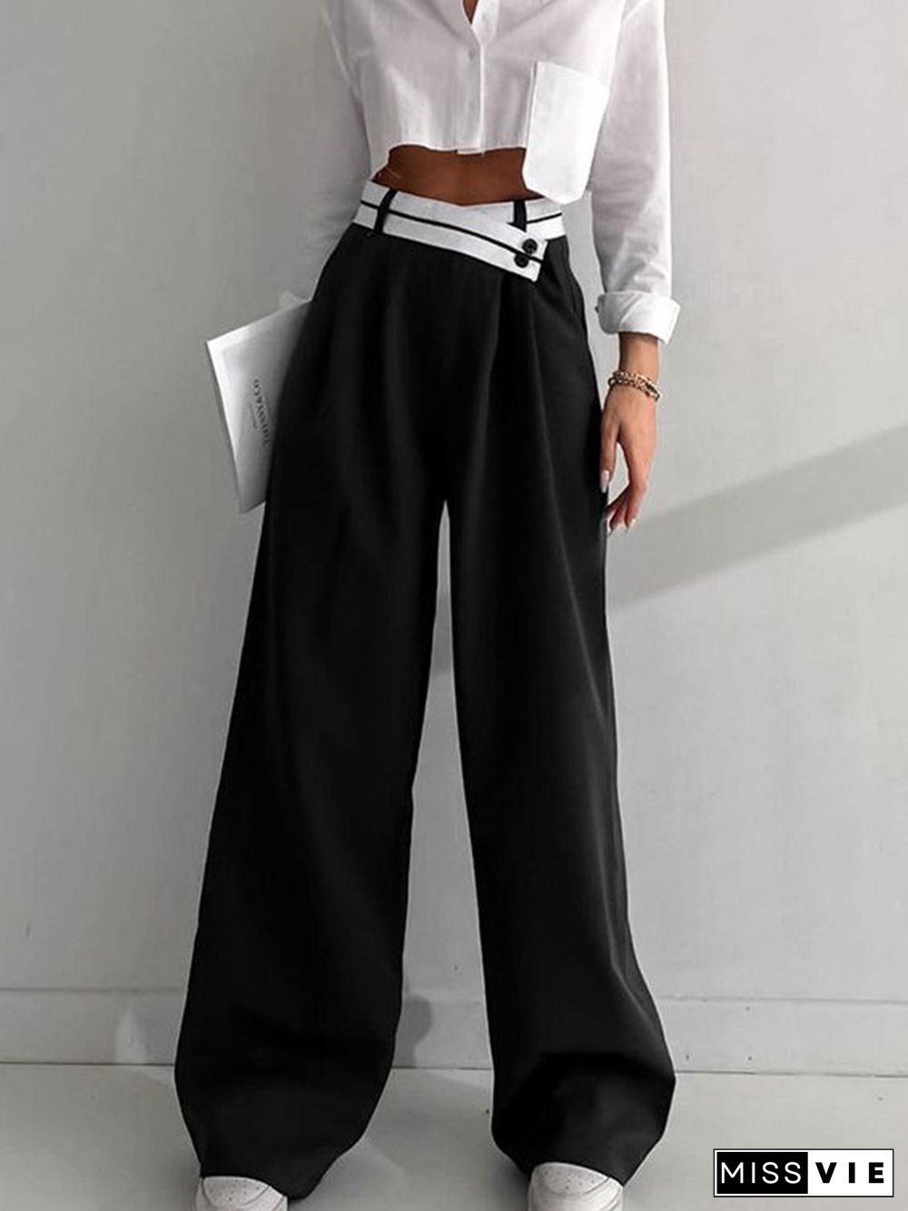 Asymmetrical Contrast Waistband Wide Leg Pants