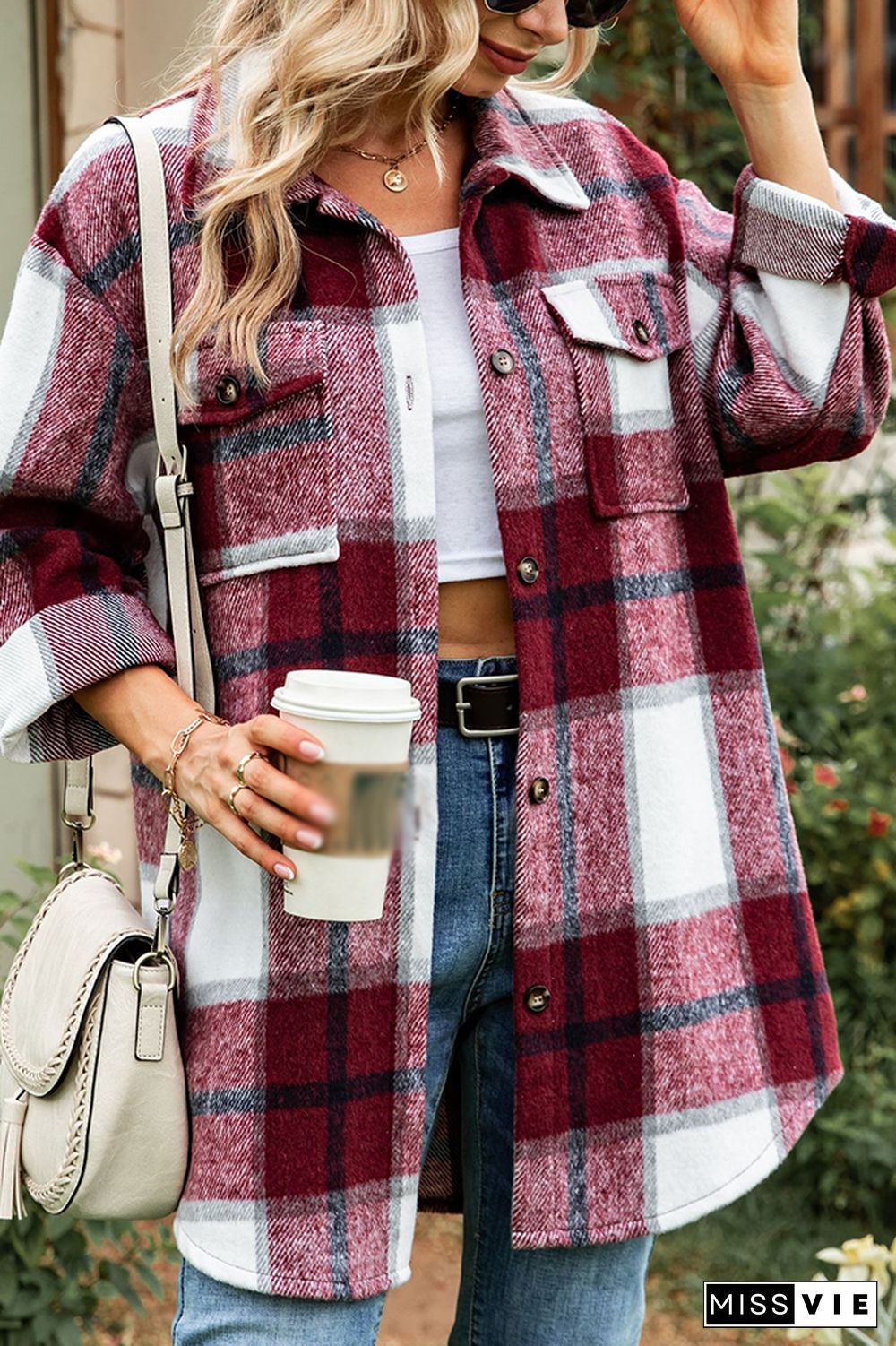 Button Pockets Plaid Shacket Jacket