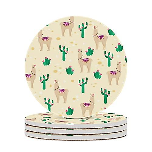 Round Drink Coasters 6 Pcs Llama And Cacti Absorbent Ceramic Coaster With Cork Base For Coffee Cups Housewarming Gift For Home Decor