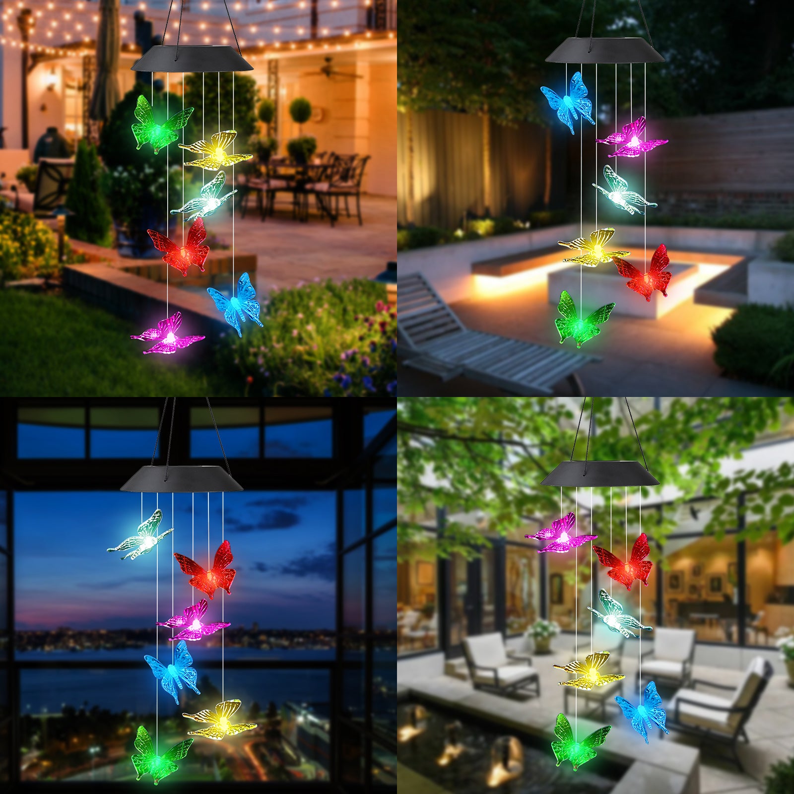 TSV Solar Changing Color Butterfly Wind Chime， Solar Powered LED Hanging Wind Belles Light， Waterproof， for Outdoor Indoor Gardening Yard Pathway