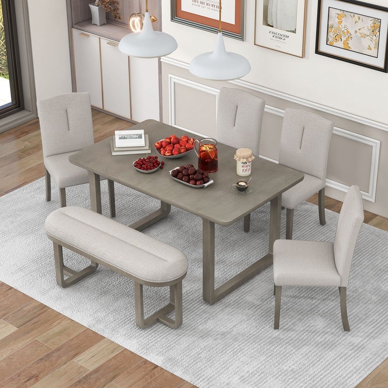 6-piece kitchen table， rectangular dining table， 4 upholstered chairs and benches， foam covered backrest and cushions