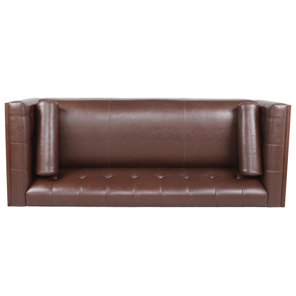 Modern Wooden Sides Arm Sofa with Leather  Nailhead Finish