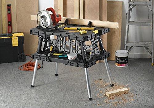 Keter – 197283 Folding Table Work Bench for Miter Saw Stand, Woodworking Tools and Accessories with Included 12 Inch Wood Clamps – Easy Garage Storage Black/Yellow