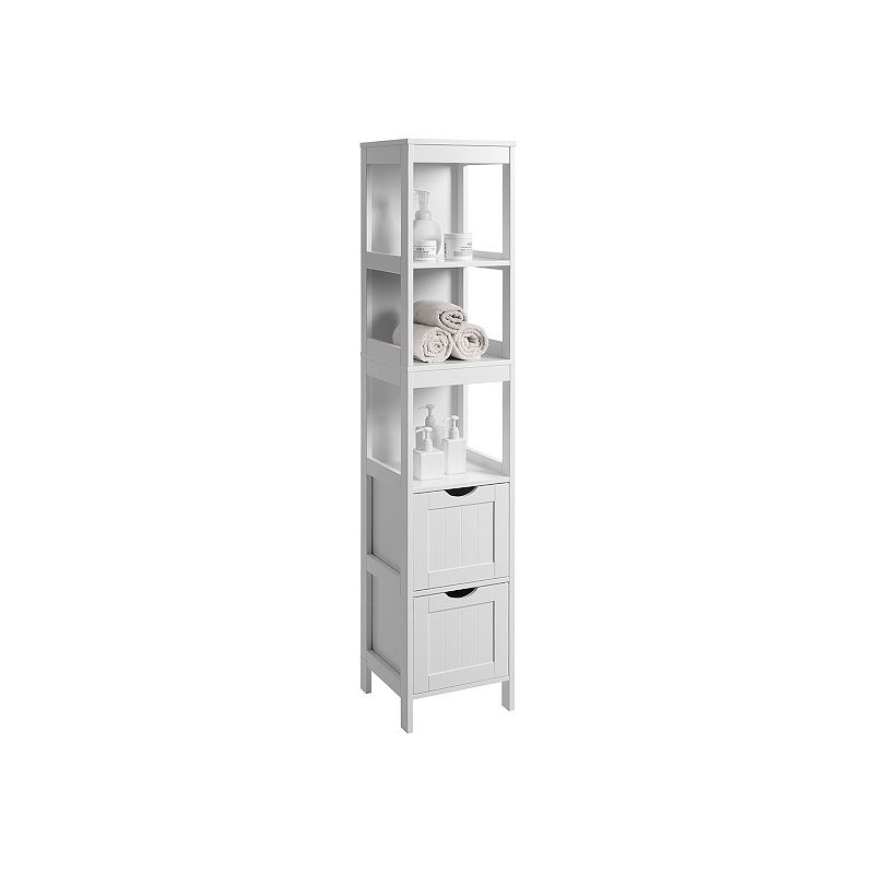 Bathroom Tall Cabinet， Linen Tower， Floor Storage Cupboard， With 2 Drawers， White