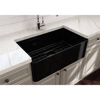 BOCCHI Aderci Black Fireclay 30 in. Single Bowl Ultra-Slim Farmhouse Apron Front Kitchen Sink with Grid and Strainer 1481-005-0120