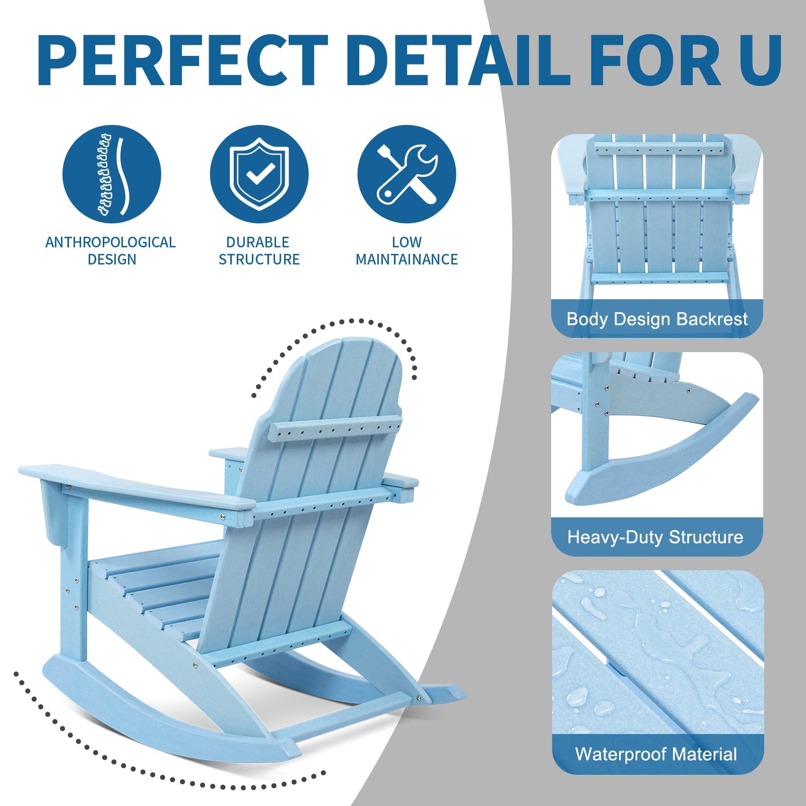 VINGLI Outdoor Rocking Chair, Plastic Adirondack Chair HDPE, 100% Recyclable Waterproof, for Pool Patio Lawn, Blue