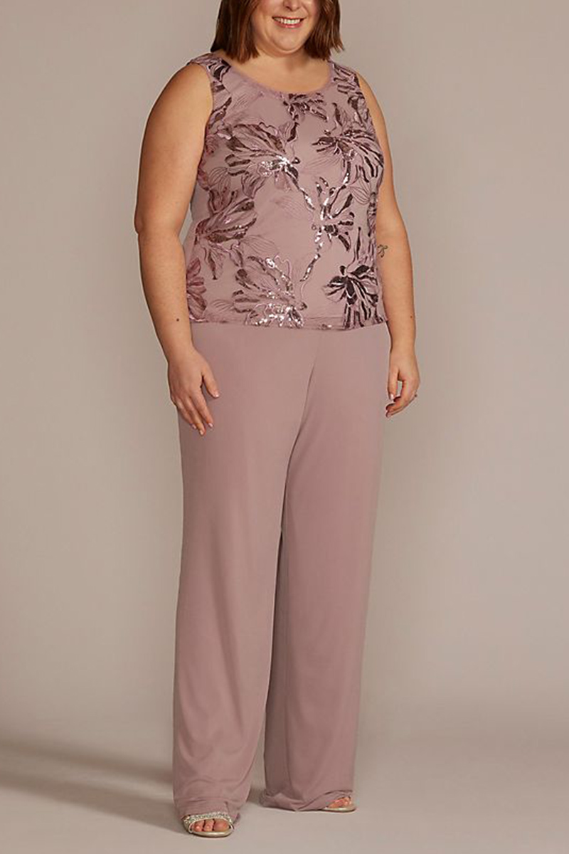 Plus Size Embroidered Floral Sequin Flare Sleeve Three Pieces Set Pant Suits