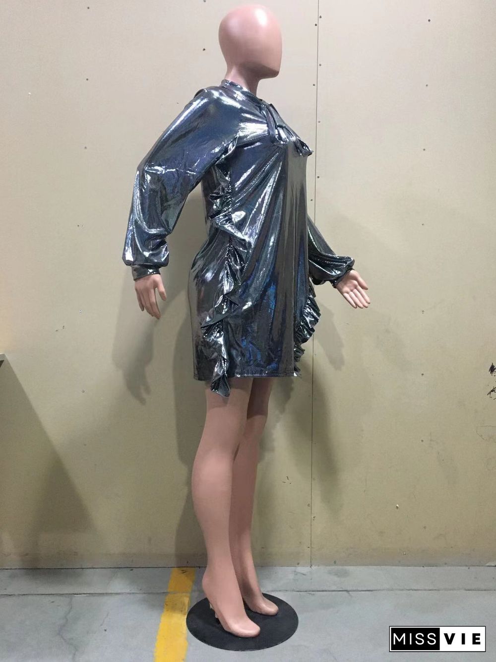 Shiny Fungus Bandage Split Long Sleeve Dress