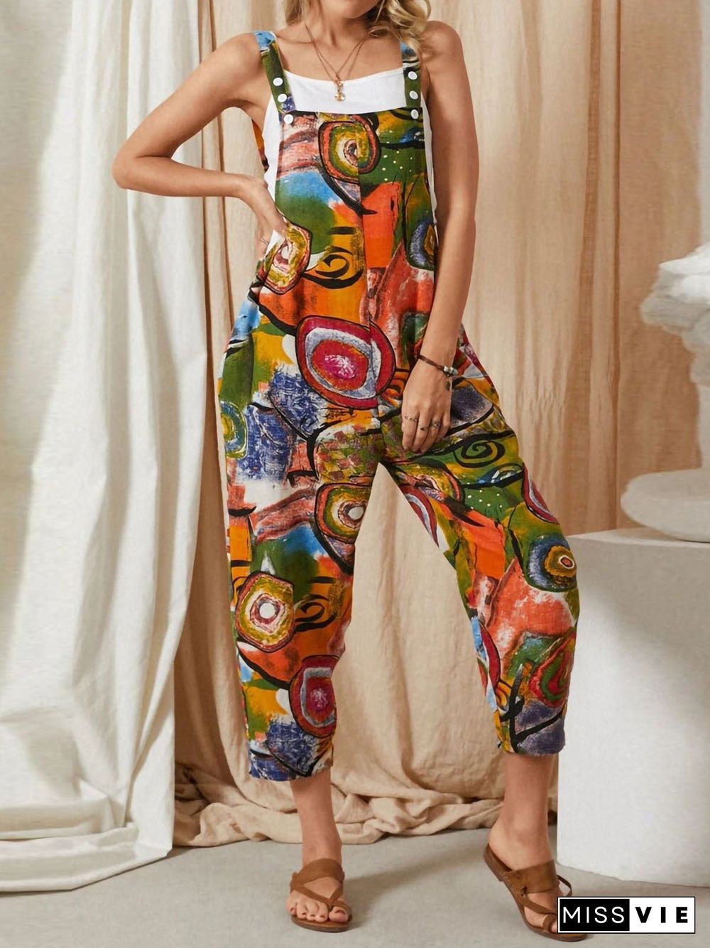 Women'S Jumpsuits Loose Vintage Print Pocket Jumpsuit