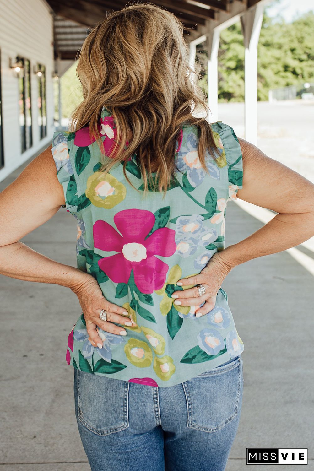 Green Floral Print Ruffle Trim Tank Top