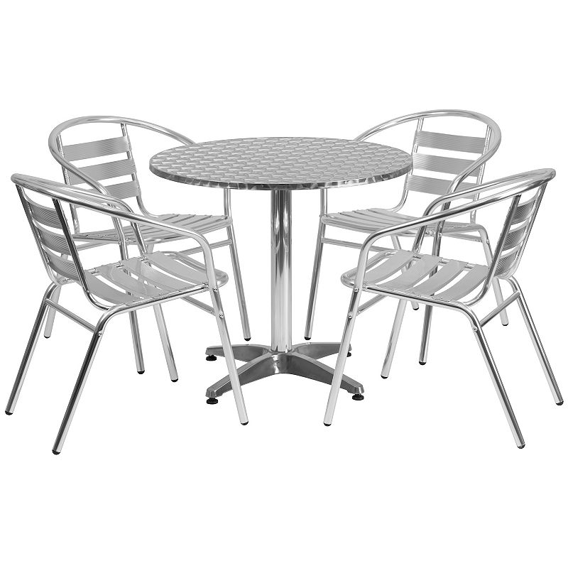 Emma and Oliver 31.5 Round Aluminum Table Set with 4 Slat Back Chairs