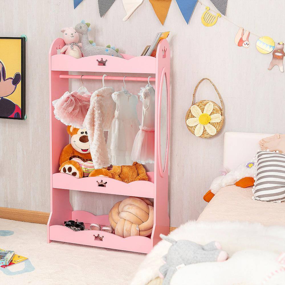 Costway Kids Dress Up Storage Hanging Armoire Dresser Pretend Costume Closet with Mirror TP10023PI