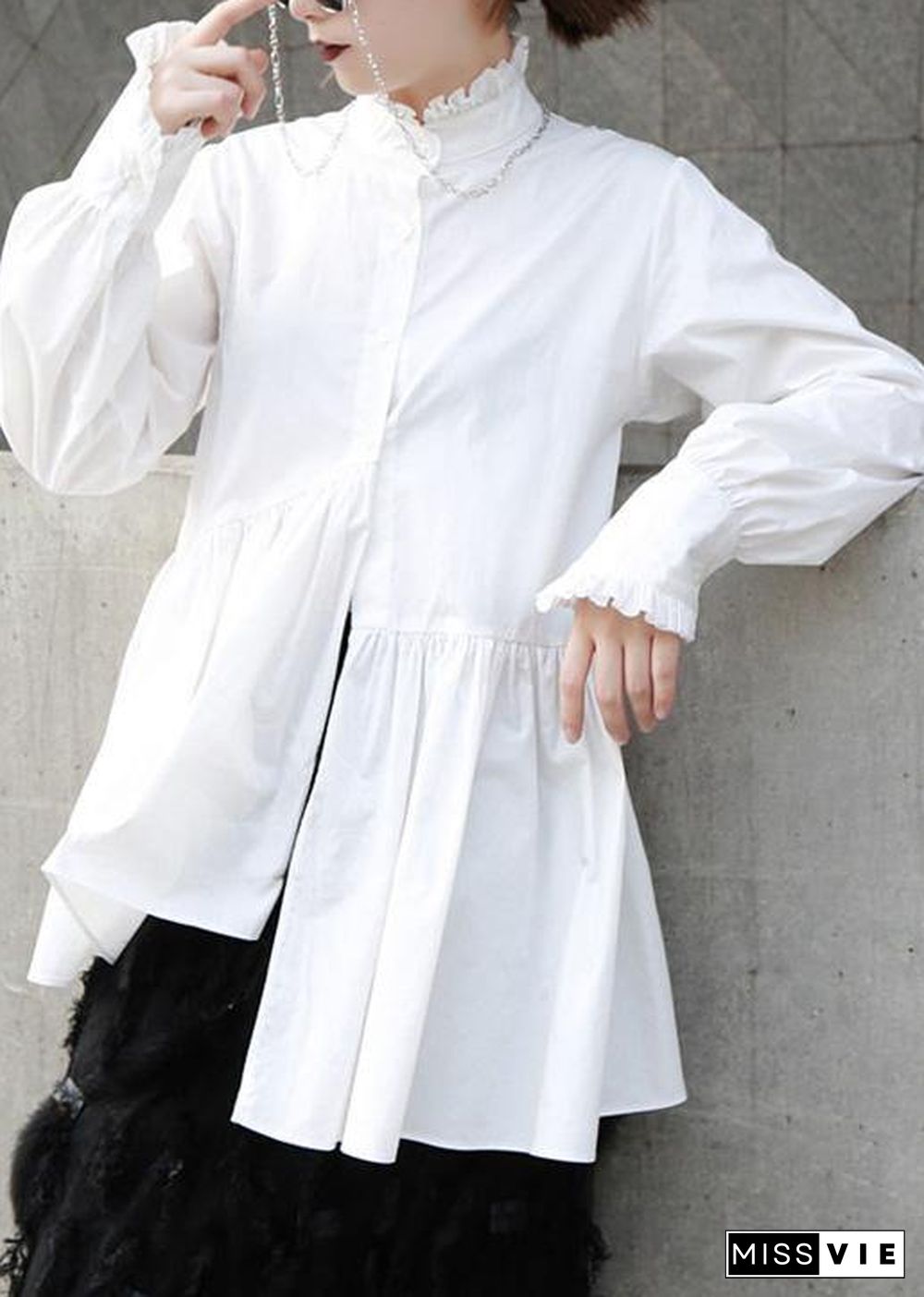 Natural white cotton clothes For Women ruffles stand collar loose summer blouse