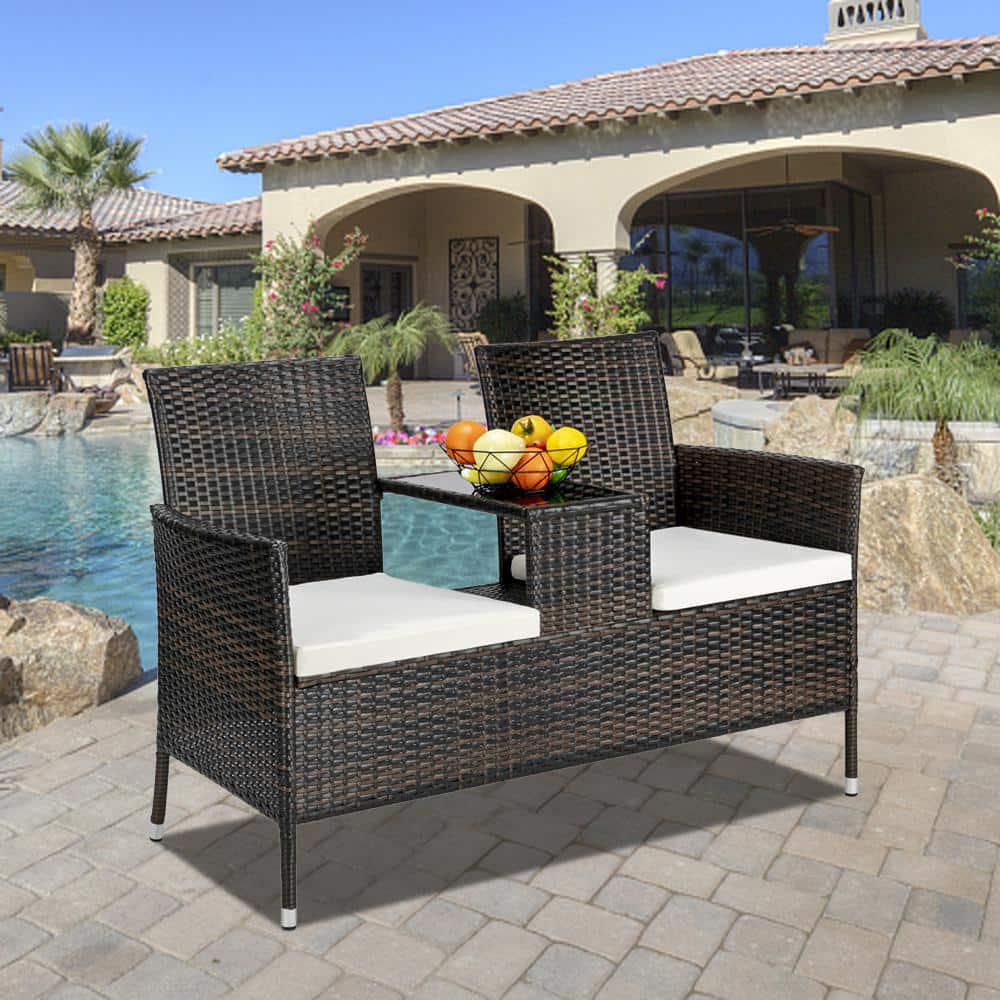 Winado All Weather Brown Wicker Outdoor Loveseat with White Cushions