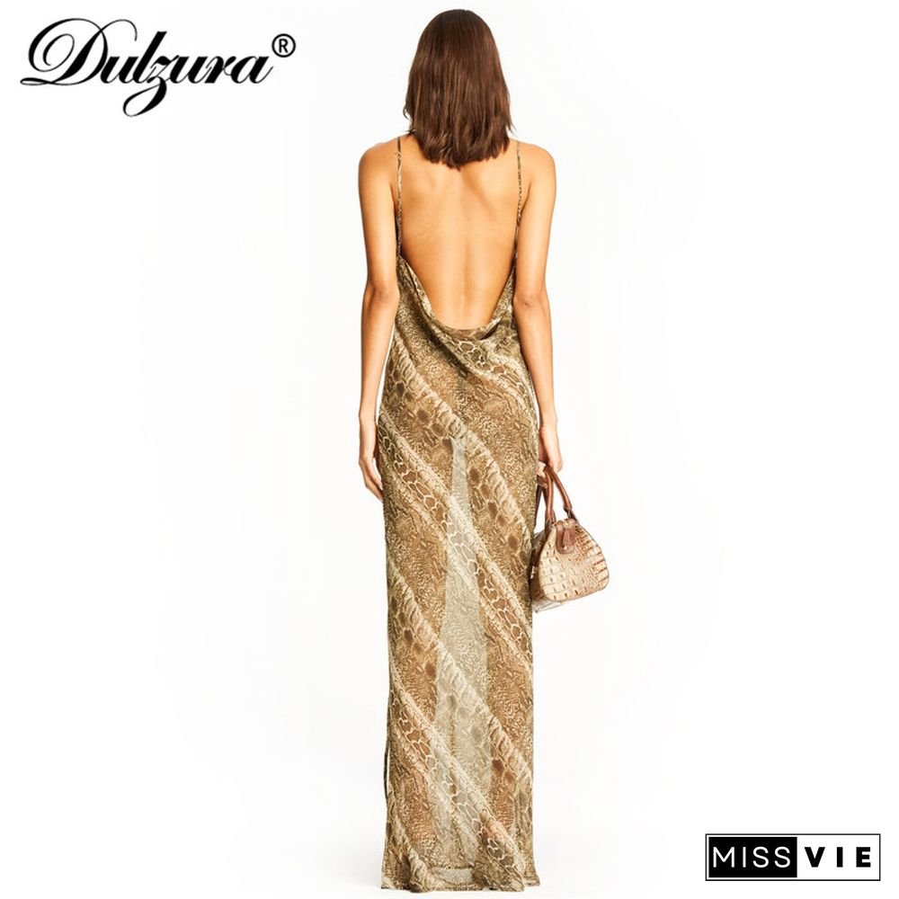 DulzuraSnakePrintChiffonSexyWomenLongPartySlipMaxiSheerDressStrapBacklessSlitElegantAutumnClothes