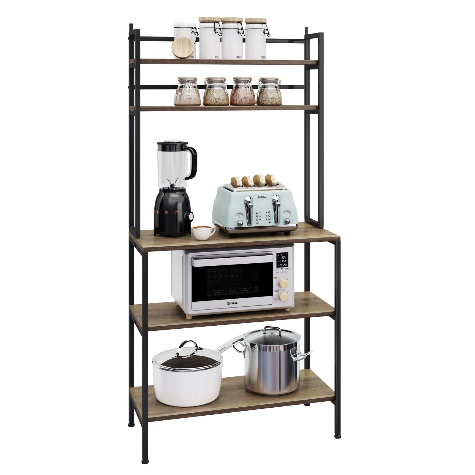 Homfa 5-Tier Kitchen Hutch， Microwave Oven Stand with Metal Frame， Wood Storage Shelf， Rustic Brown Finish