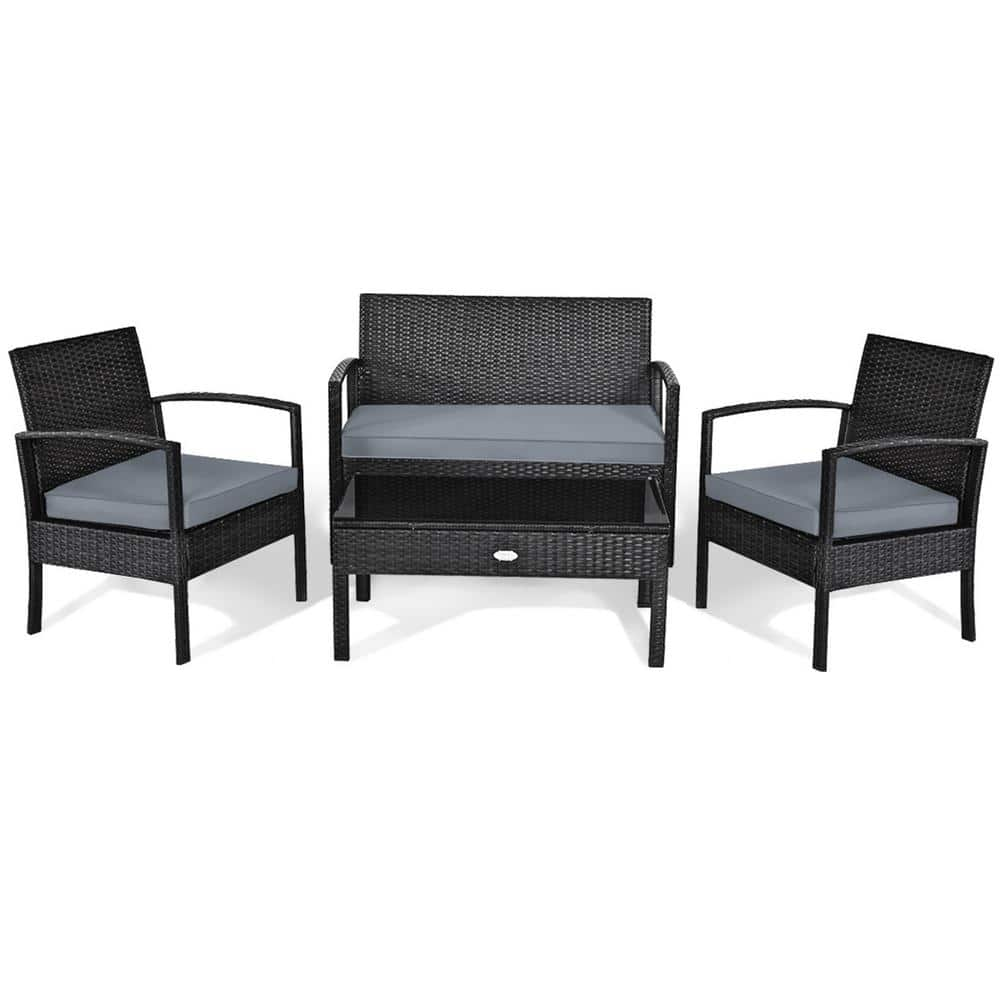 Gymax 8-Pieces Rattan Wicker Patio Garden Furniture Set Black Rattan with Gray Cushion GYM05022