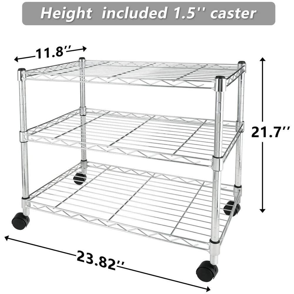 Amucolo Silver 3-Tier Steel Wire Shelving Unit with Wheels (23.82 in. W x 21.7 in. H x 11.8 in. D) DHS-CYHK-003C