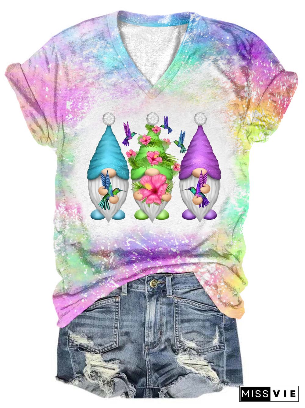 Hummingbird Gnomes Tie Dye V Neck T-shirt