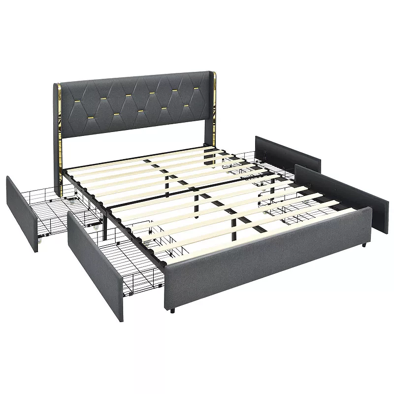 Upholstered Bed Frame including 4 Storage Drawers