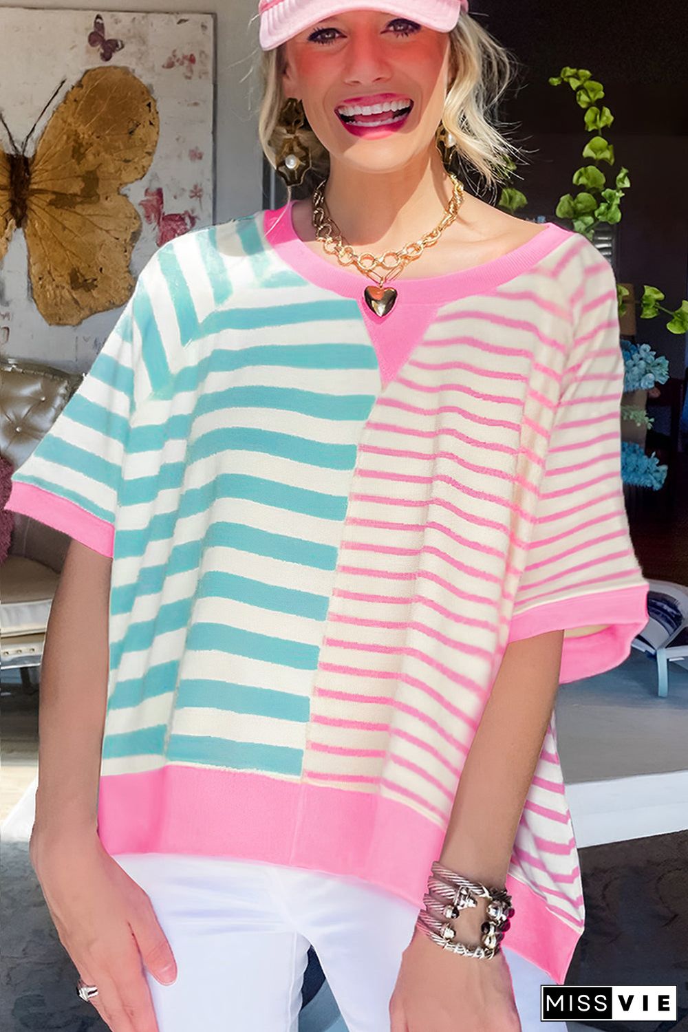 Stripe Contrast Patchwork Oversized T Shirt