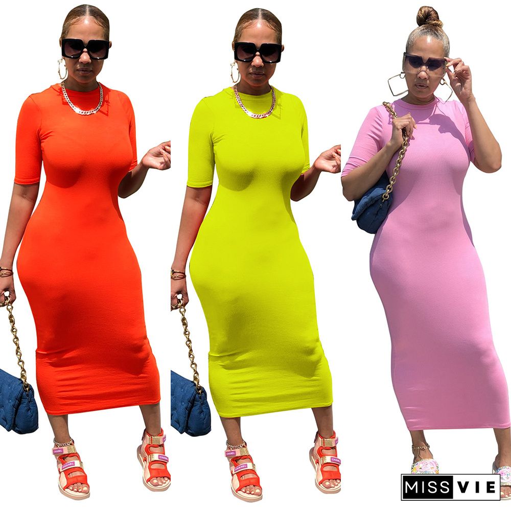 High Stretch Summer Elegant Solid Color Women Sexy O-Neck Short Sleeve Skinny Maxi Dress