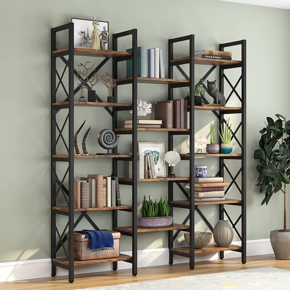 Triple Wide 5 Shelf Bookcase  Etagere Large Open Bookshelf Vintage Industrial Style Shelves Wood and Metal bookcases Furniture