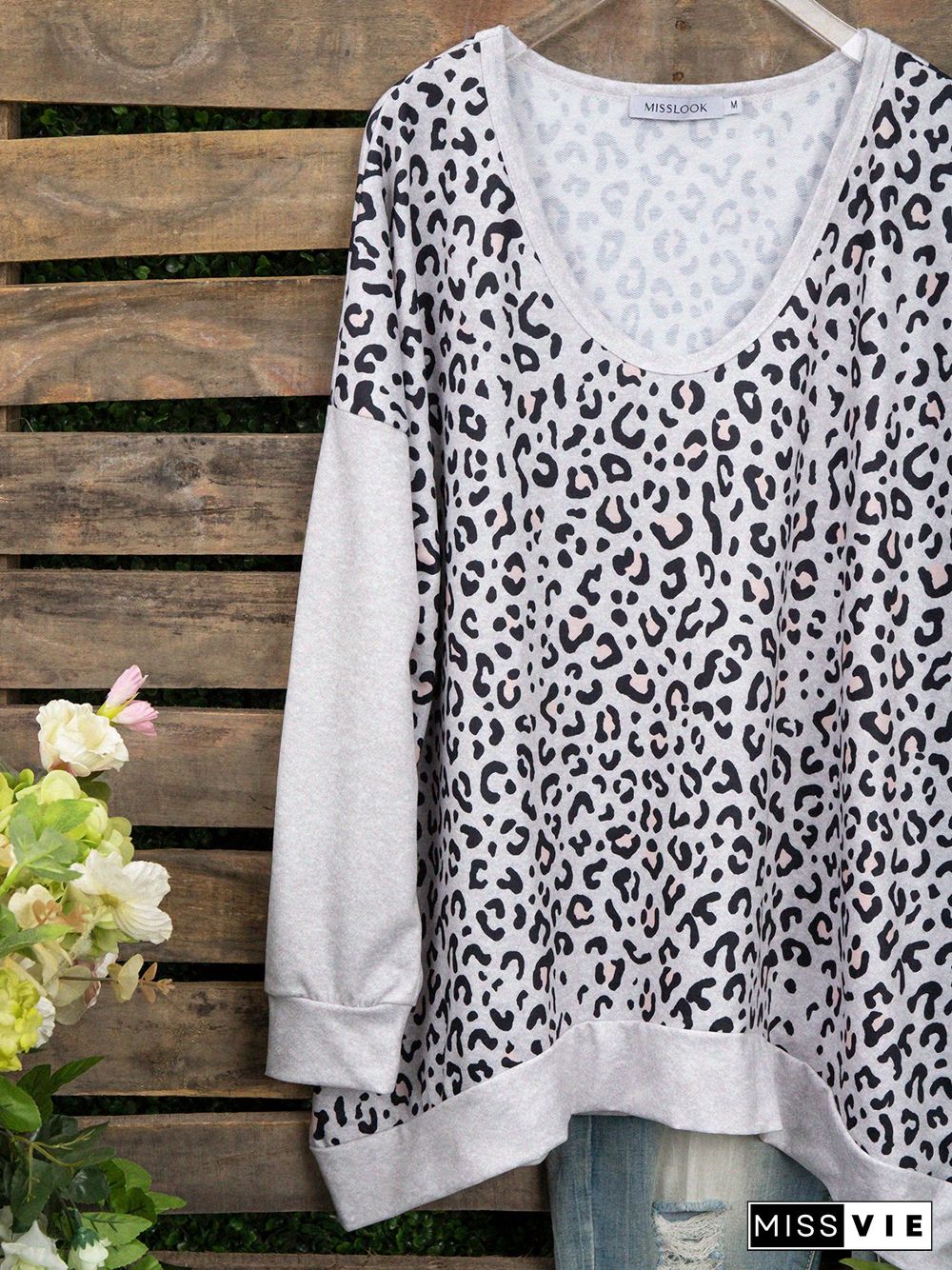 Casual Long Sleeve Color-Block Leopard T-shirt