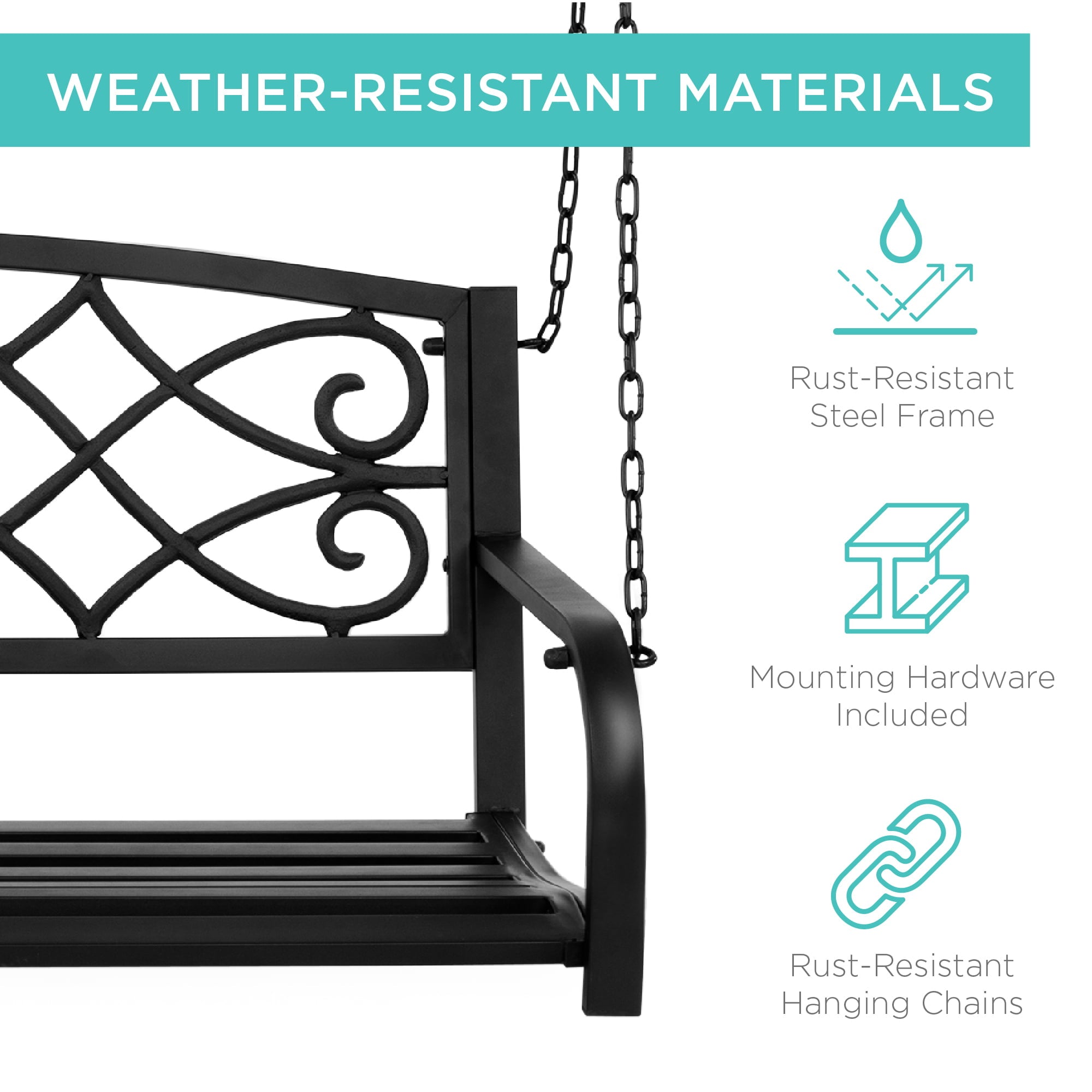 Best Choice Products 2-Person Metal Outdoor Porch Swing, Hanging Patio Bench w/ Weather-Resistant Steel - Black