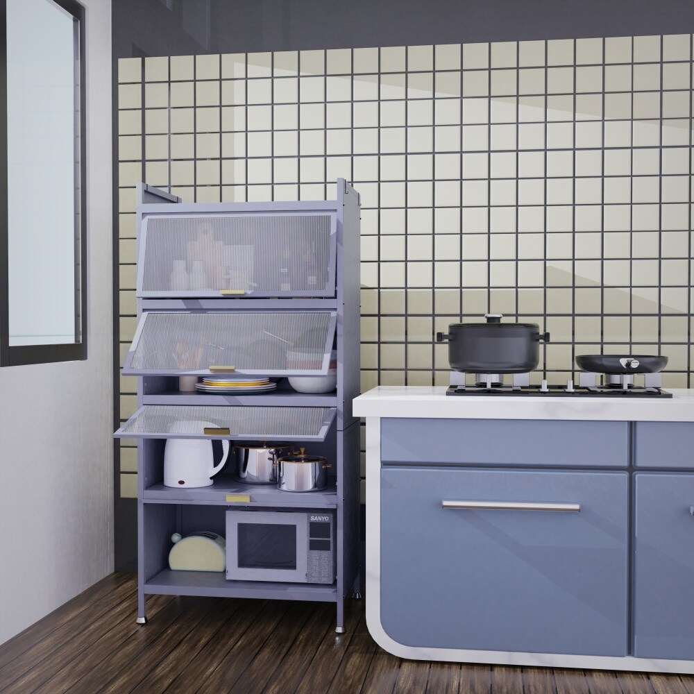 Kitchen Storage Pantry Cabinet with 4 Drawers and Up Flip Glass Doors