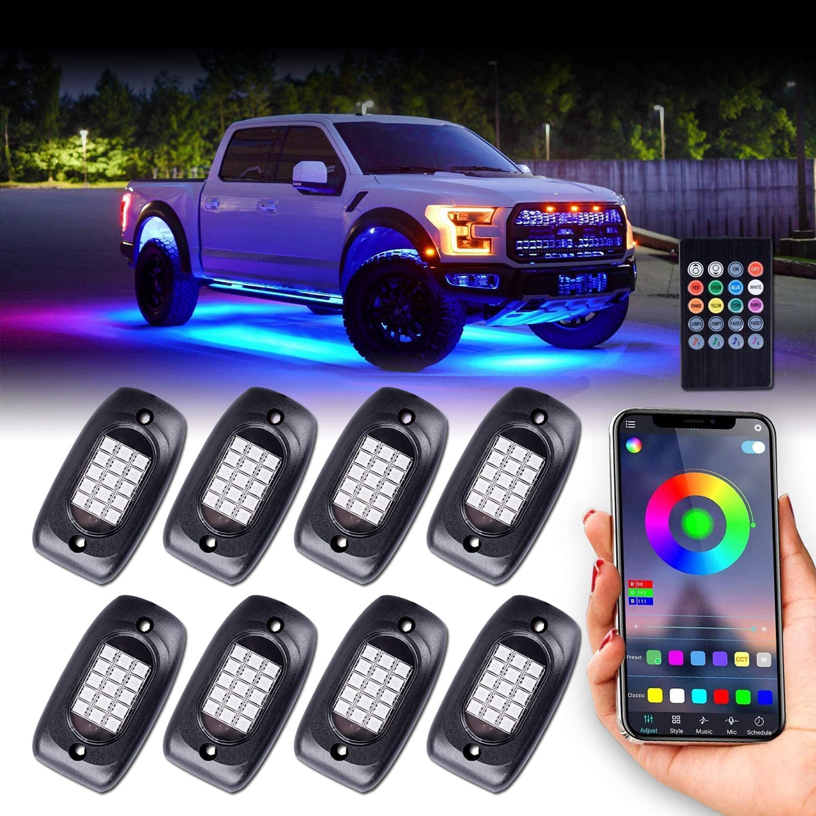 RGB LED Rock Lights Kit 8 pods Underglow Multicolor Neon Light Pod with Bluetooth App Control And Wireless Remote Controller for Truck ATV UTV RZR SUV