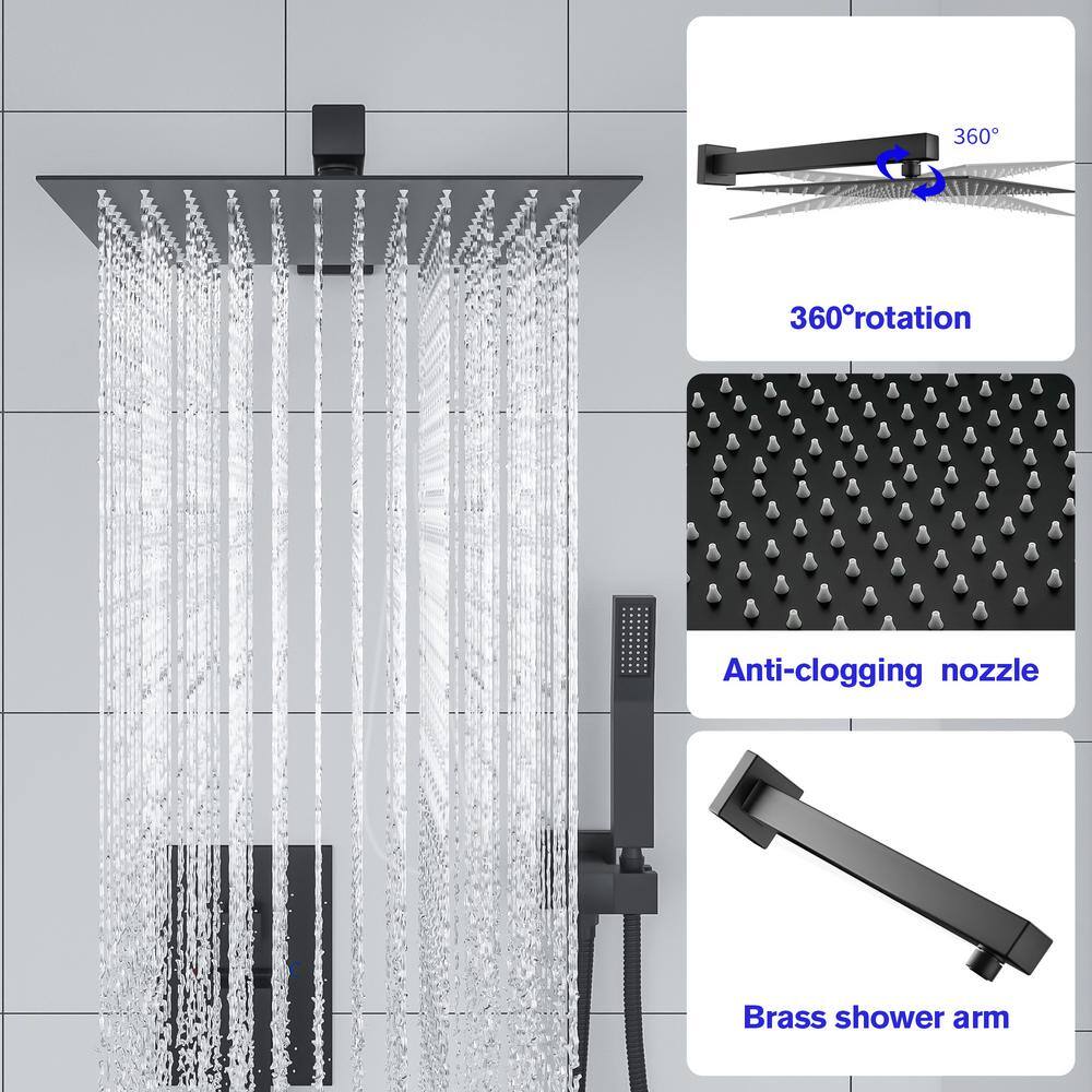 LORDEAR 2-Spray Patterns 12 in. Square Wall Mounted Luxury Rain Mixer Shower Combo Set Rainfall Dual Shower Heads in Black H-SLF16006-B