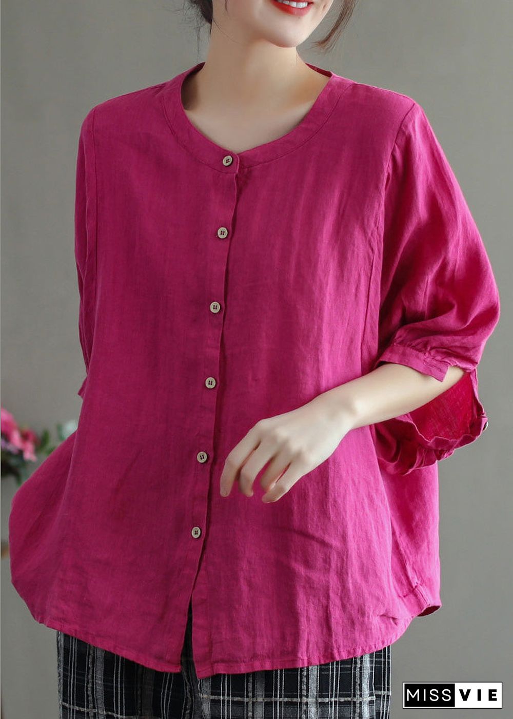 Vintage Rose O-Neck Button Low High Design Solid Linen Shirt Half Sleeve