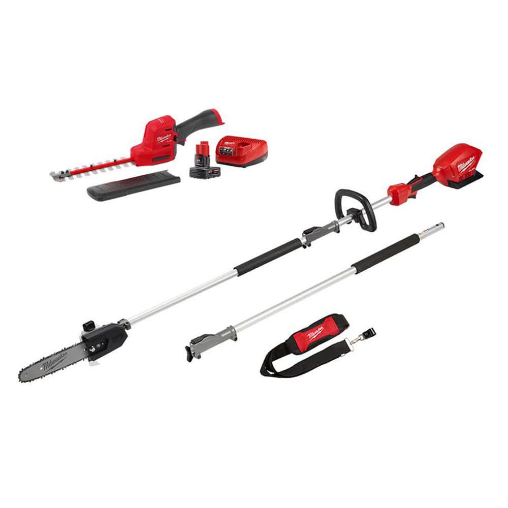 Milwaukee M12 FUEL 8 in 12V LithiumIon Brushless Cordless Hedge Trimmer Kit with M18 FUEL 10 in Pole Saw