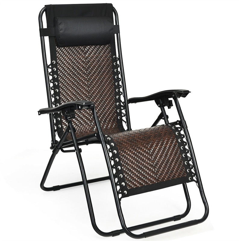 Rattan Folding Zero Gravity Lounge Chair Outdoor with Removable Pillow, Locking System, Adjustable Portable Patio Armchair