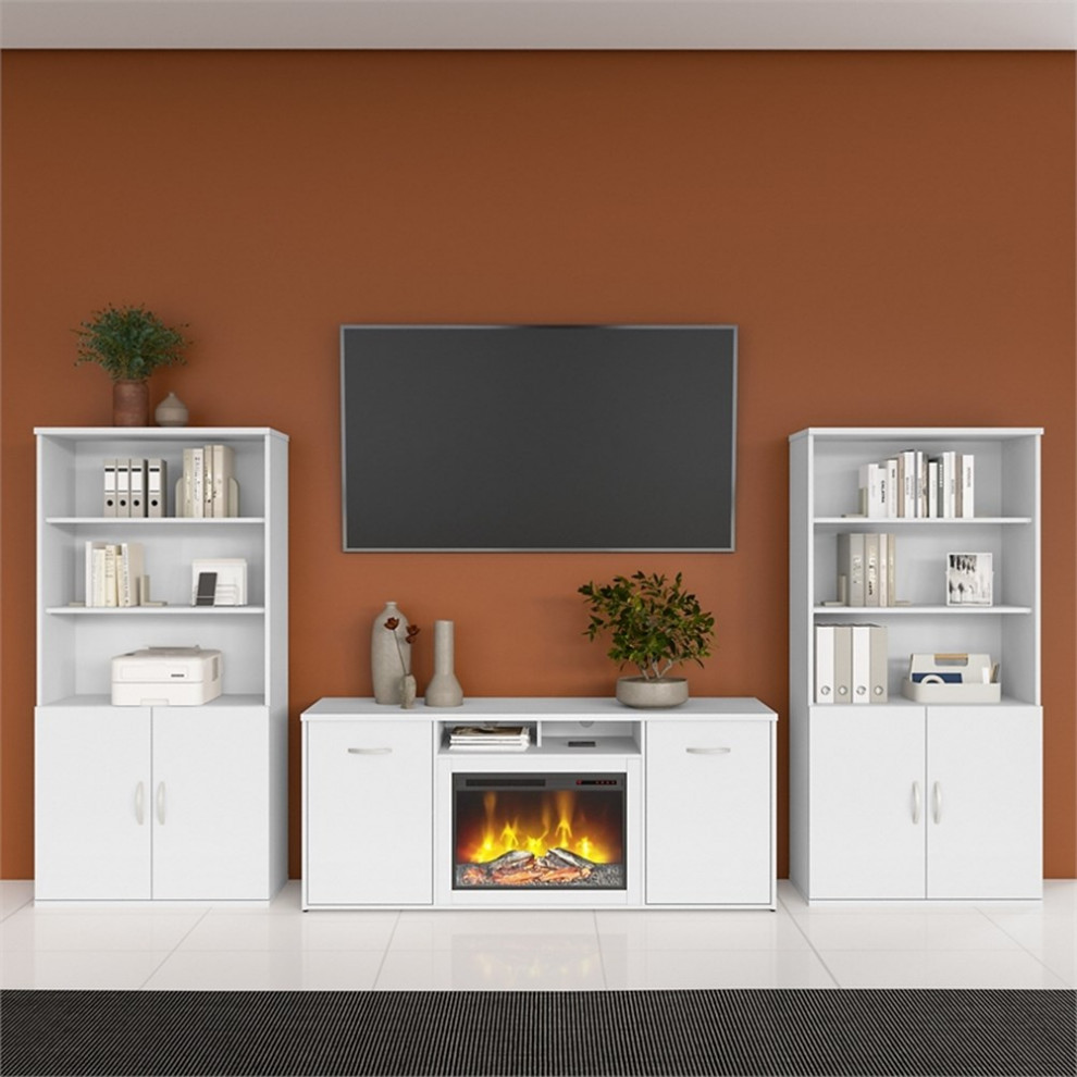 Studio C Bookcase Set with Fireplace TV Stand in White   Engineered Wood   Transitional   Entertainment Centers And Tv Stands   by Homesquare  Houzz