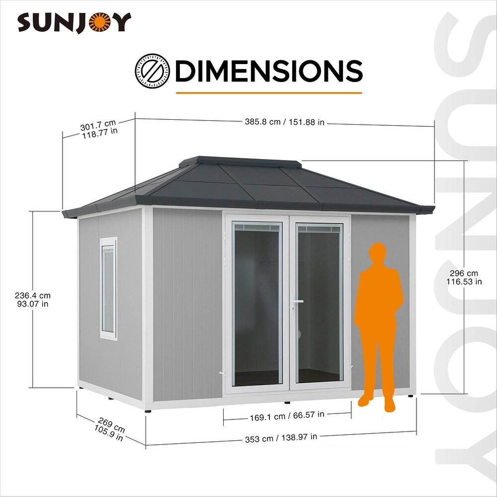 Sunjoy Outdoor Beyond Shed  Backyard Office  Multipurpose Outdoor Room  Home Gym with Floor  2 Windows  and Lockable Doors