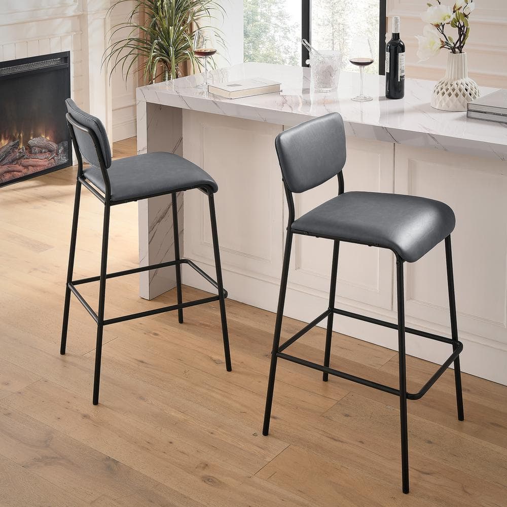 38.5 in. Gray Low Back Metal Frame Bar Stools, Dining Chair Pub Stools with Footrest and Faux Leather Seat (Set of 2) HY02015Y