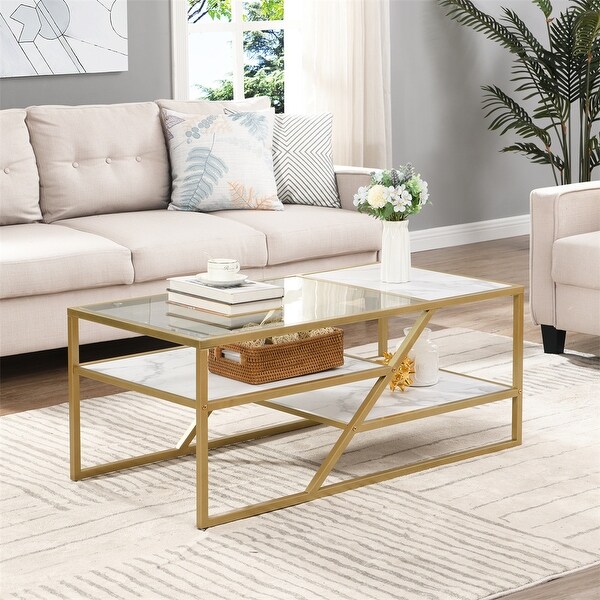 Coffee Table with Storage Shelf Tempered Glass End Table