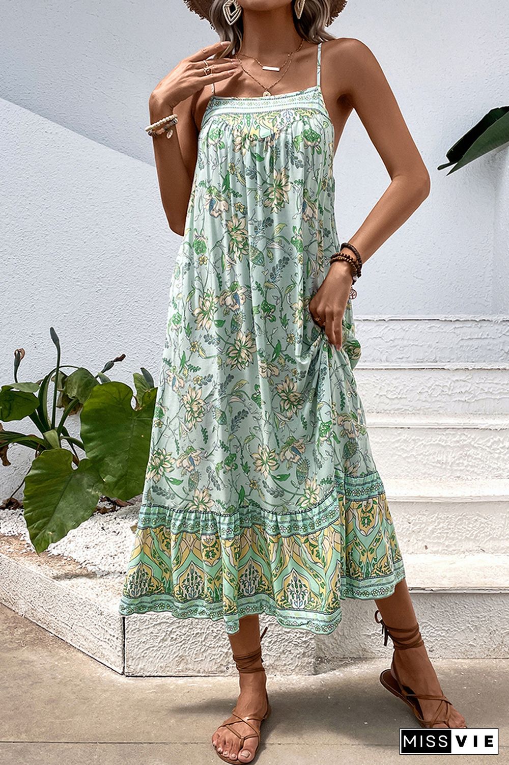 Green Spaghetti Strap Floral Maxi Dress