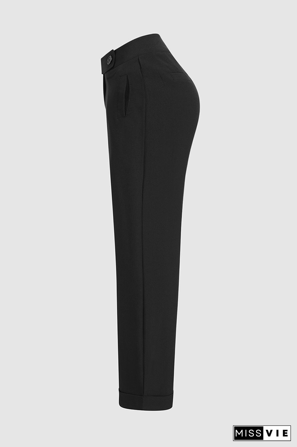 Solid Buttoned Detail Straight Leg Mid Waist Pants