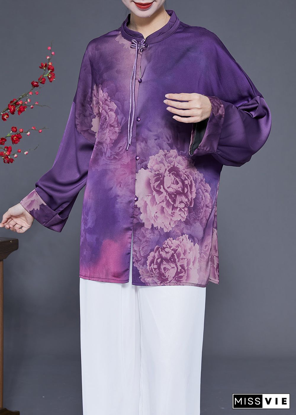 Handmade Purple Stand Collar Tassel Print Silk Shirts Spring