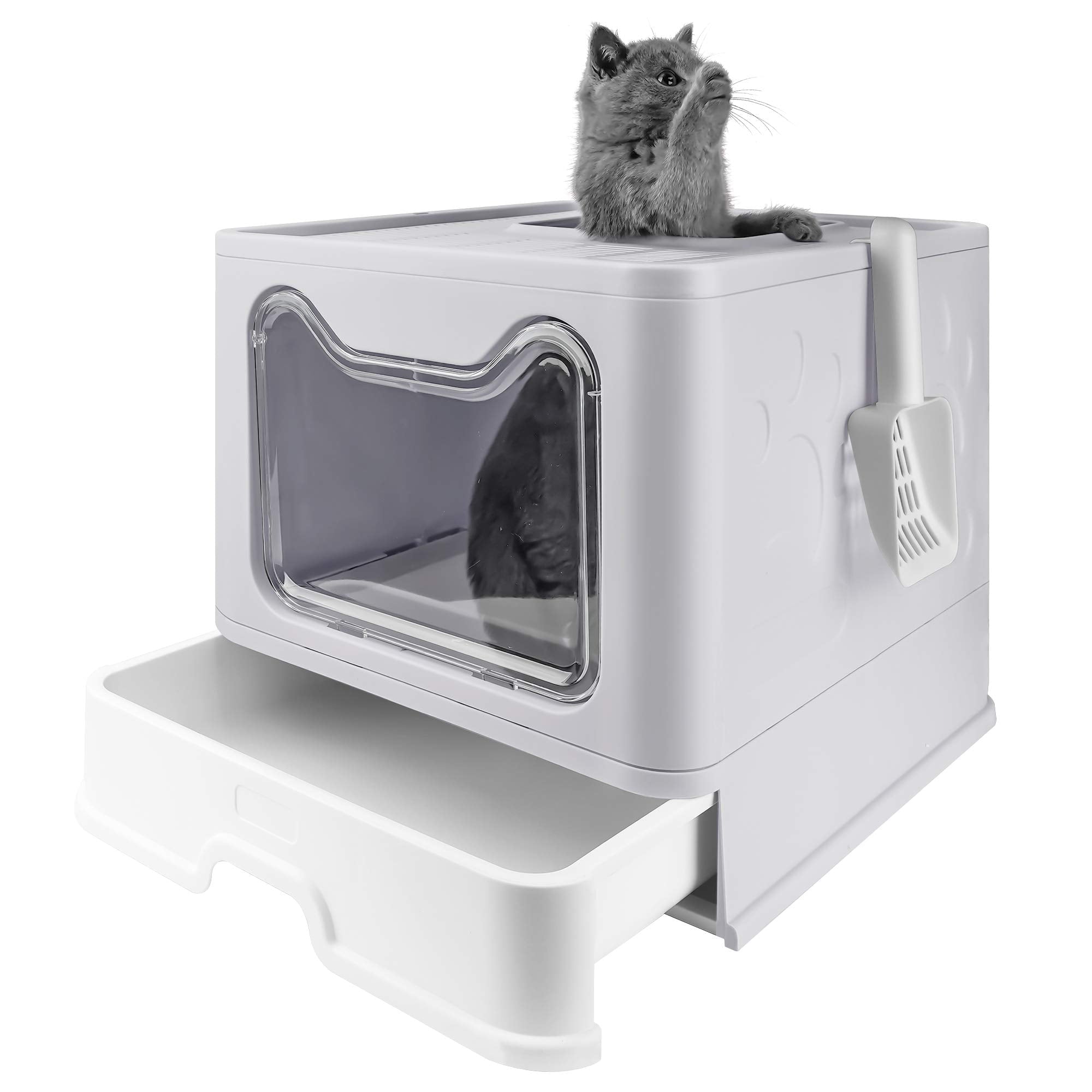 HOUFIY Enclosed Cat Litter Box Large with Lid Drawer Type Easy to Clean，Gray